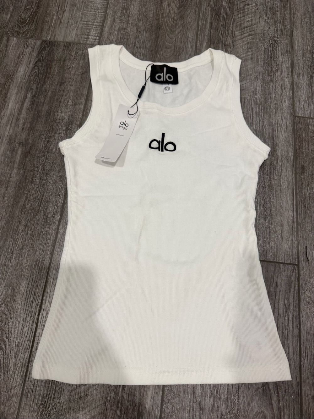ALO Yoga White Ribbed Tank with Black Logo
